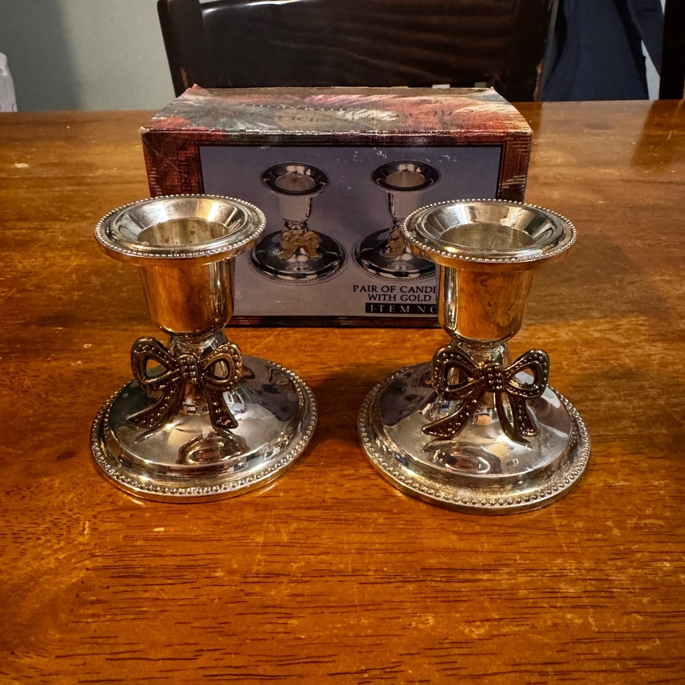 Vintage Silver-plated 3” Candle Stick Holders with Gold Bow Tie